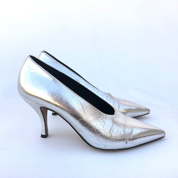 Dries Van Noten Silver Designer Pumps Metallic High Heels 38.5 Size 8.5 Leather - Picture 3 of 14